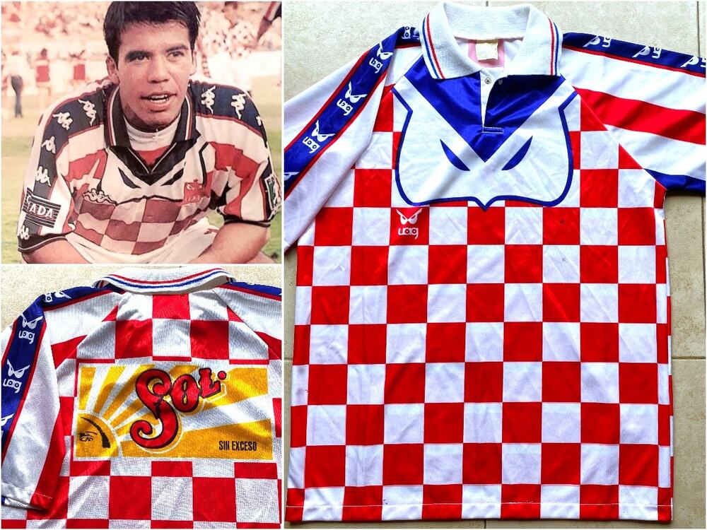 Tecos UAG Guadalajara Mexico 1998-1999 jersey chessboard L red blue away FMF vtg